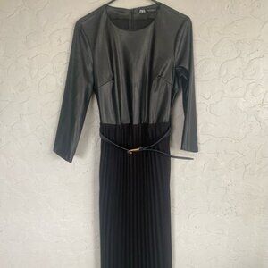 Zara Faux Leather Belted Midi Dress with Pleated Bottom Never Worn